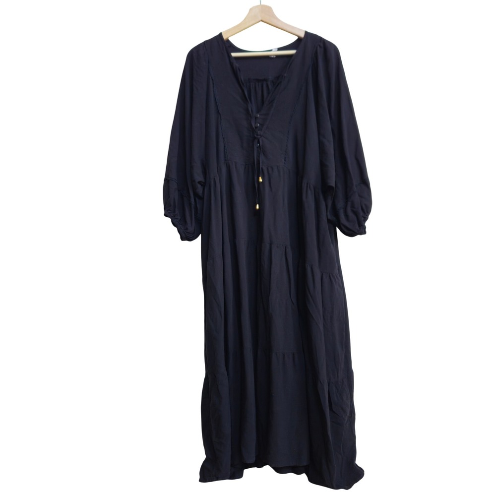 Black Tiered Maxi Midi L/XL Balloon Sleeve V-Neck Boho Peasant Whimsygoth Dark